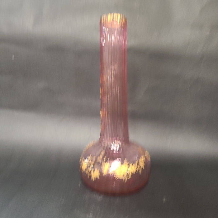 HAND PAINTED CRANBERRY VASE WITH GILT FLORAL VINES