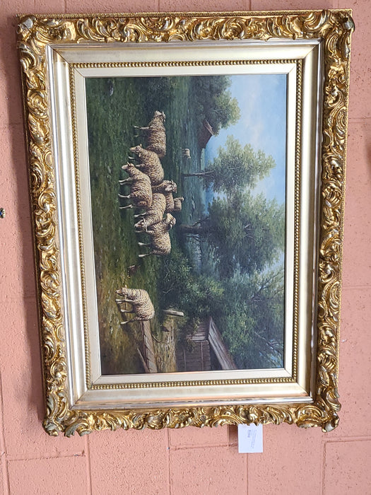GILT FRAMED LARGE OIL ON CANVAS SHEEP PAINTING