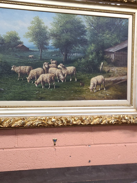 GILT FRAMED LARGE OIL ON CANVAS SHEEP PAINTING