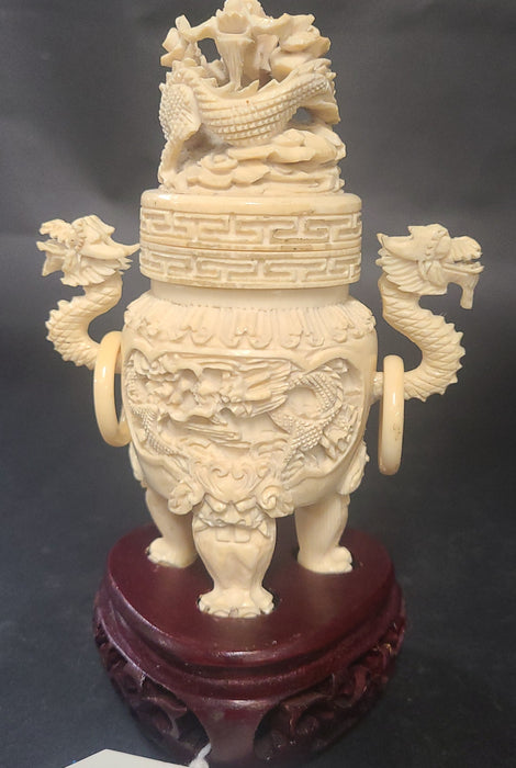BONE CARVED ASIAN URN WITH WOOD BASE