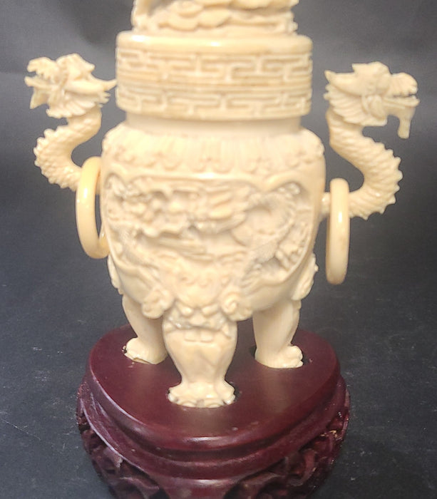 BONE CARVED ASIAN URN WITH WOOD BASE