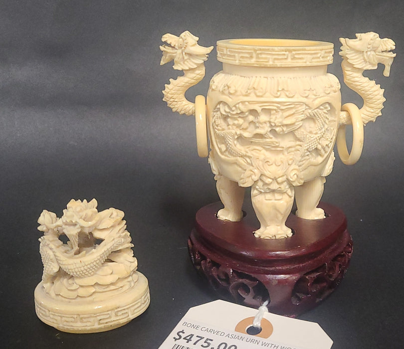 BONE CARVED ASIAN URN WITH WOOD BASE