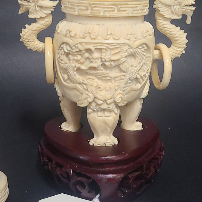 BONE CARVED ASIAN URN WITH WOOD BASE