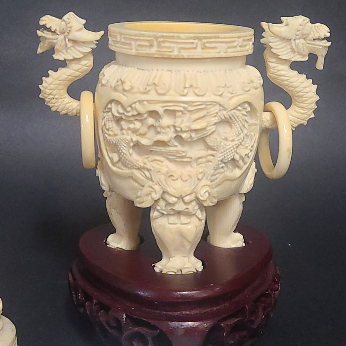 BONE CARVED ASIAN URN WITH WOOD BASE