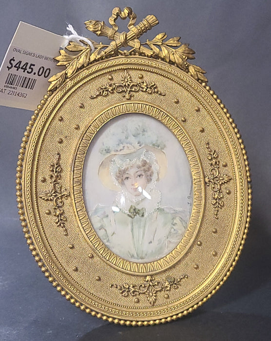 OVAL SIGNED LADY WITH HAT PAINTING IN LOUIS XVI FRAME
