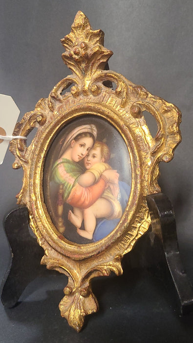 SMALL PORCELAIN MADONNA AND CHILD PAINTING IN ORNATE GOLD FRAME