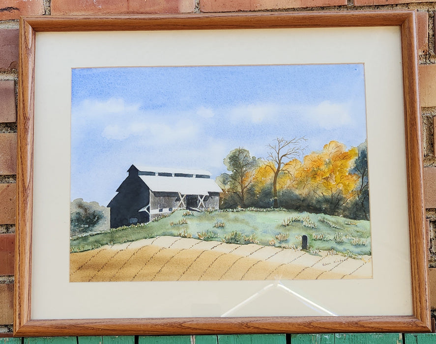 WATERCOLOR PAINTNG OF A BARN WITH WHITE ROOF BY EILEEN KITCHENS