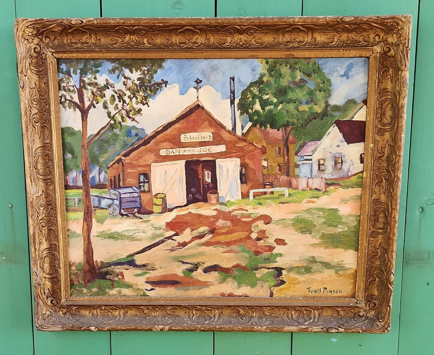 FRAMED IMPRESSIONIST OIL PAINTING ON CANVAS OF A COUNTRY BLACKSMITH SHOP  BY TUNIS PONSEN
