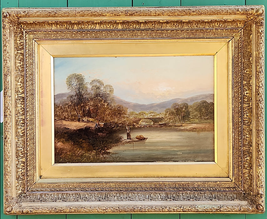 19TH CENTURY FARMED LANDSCAPE OF A BOY IN A BOAT BY S.BEATTY