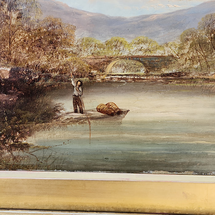 19TH CENTURY FARMED LANDSCAPE OF A BOY IN A BOAT BY S.BEATTY