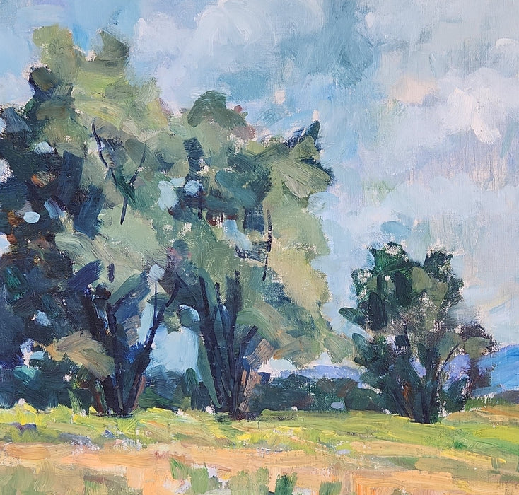 FRAMED IMPRESSIONIST OIL PAINTING OF TREES IN A FIELD