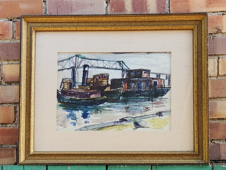 FRAMED WATERCOLOR PAINTING OF RIVERBOATS BY H. FINCK