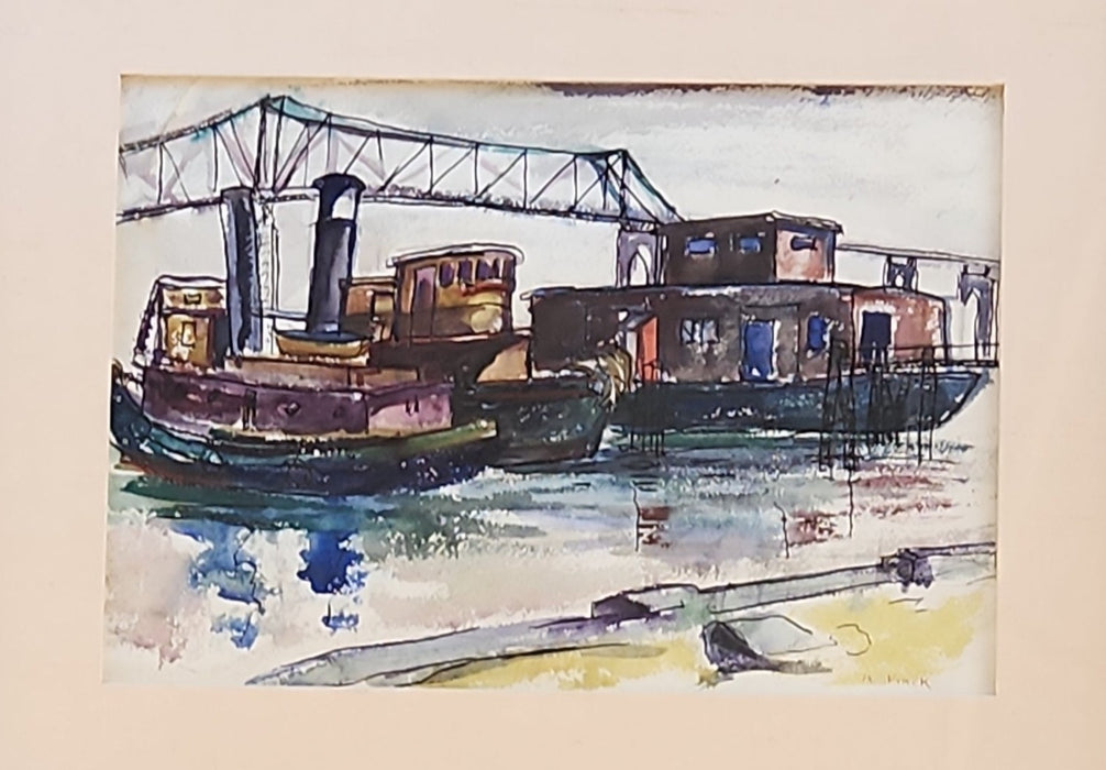 FRAMED WATERCOLOR PAINTING OF RIVERBOATS BY H. FINCK