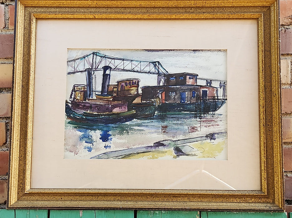 FRAMED WATERCOLOR PAINTING OF RIVERBOATS BY H. FINCK