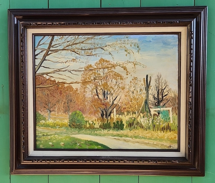 FRAMED IMPASTO OIL PAINTING OF A COUNTRY ROAD SIGNED RLM 1958