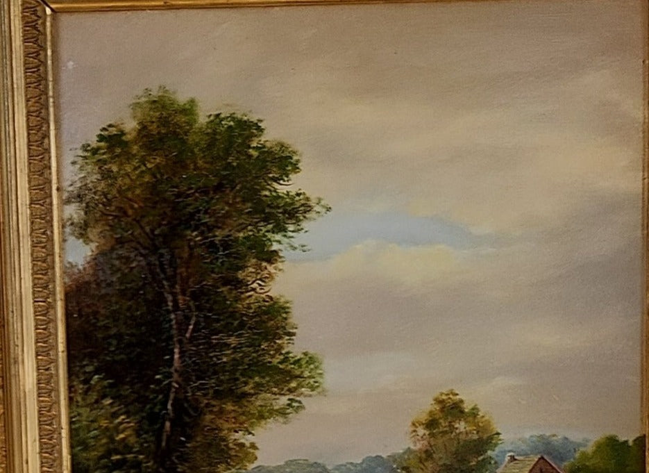 GOLD FRAMED 19TH CENTURY VERTICAL LANDSCAPE OIL PAINTING WITH A RIVER