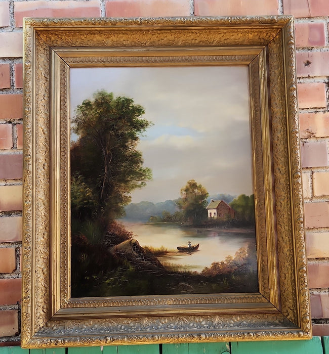 GOLD FRAMED 19TH CENTURY VERTICAL LANDSCAPE OIL PAINTING WITH A RIVER