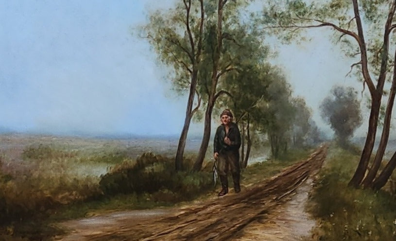 FRAMED OIL PAINTING OF A FISHERMAN ON A LONG ROAD BY F. HAROLD HAYWORD