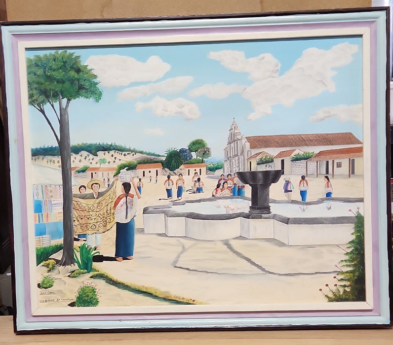 FRAMED OIL PAINTING OF A MISSION MARKET SIGNED JULIO CHIREX