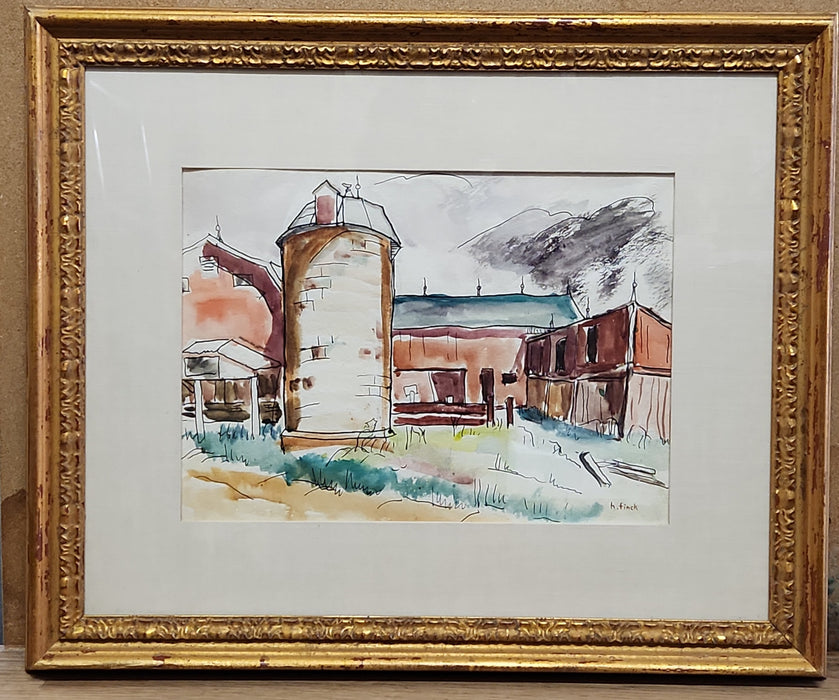 FRAMED MIXED MEDIA PAINTING OF A SILO