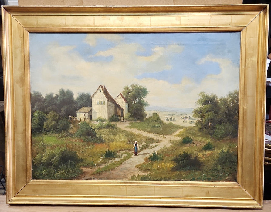 GOLD FRAMED BUCOLIC OIL PAINTING OF A WOMAN AND A BARN