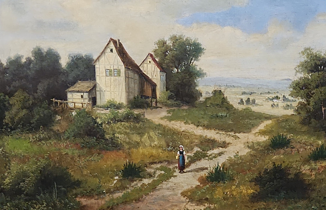 GOLD FRAMED BUCOLIC OIL PAINTING OF A WOMAN AND A BARN