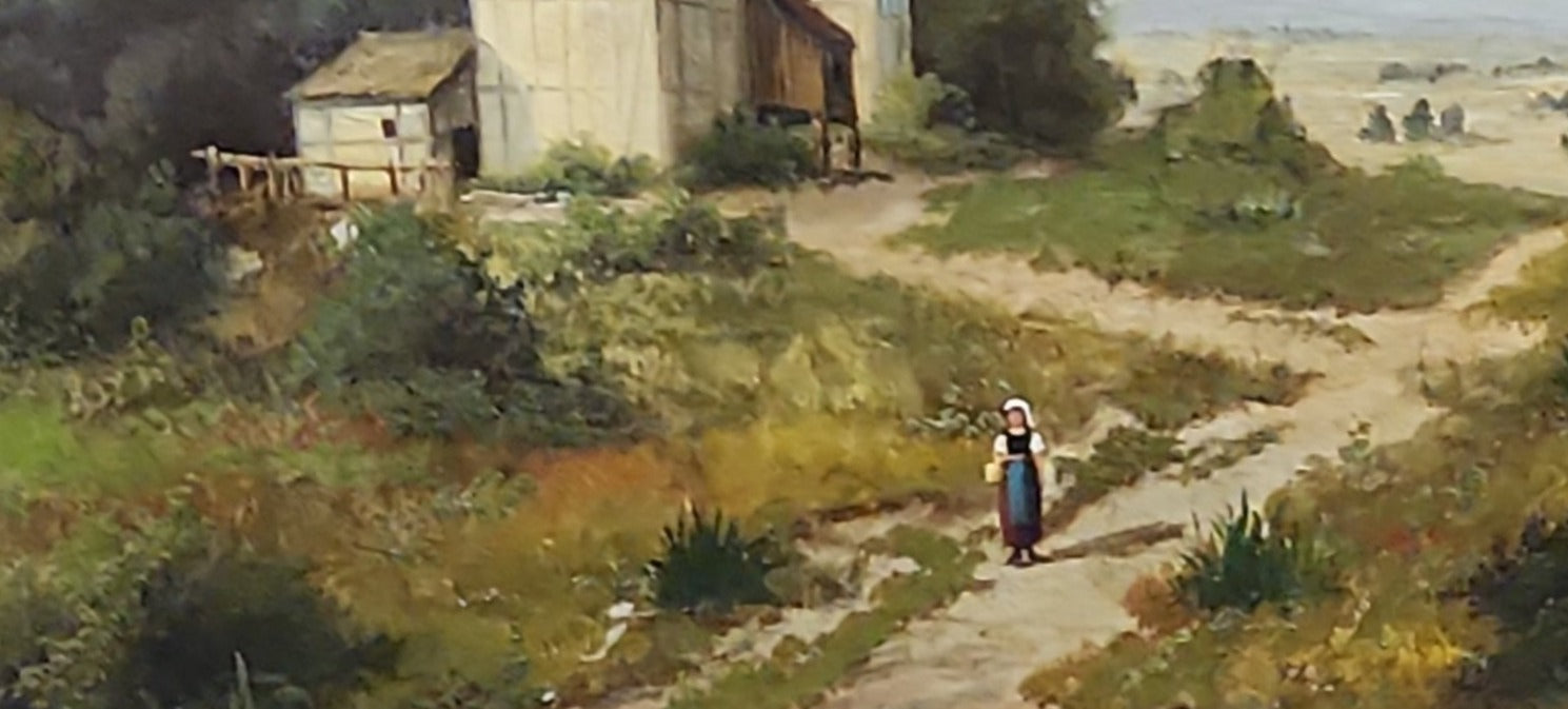 GOLD FRAMED BUCOLIC OIL PAINTING OF A WOMAN AND A BARN