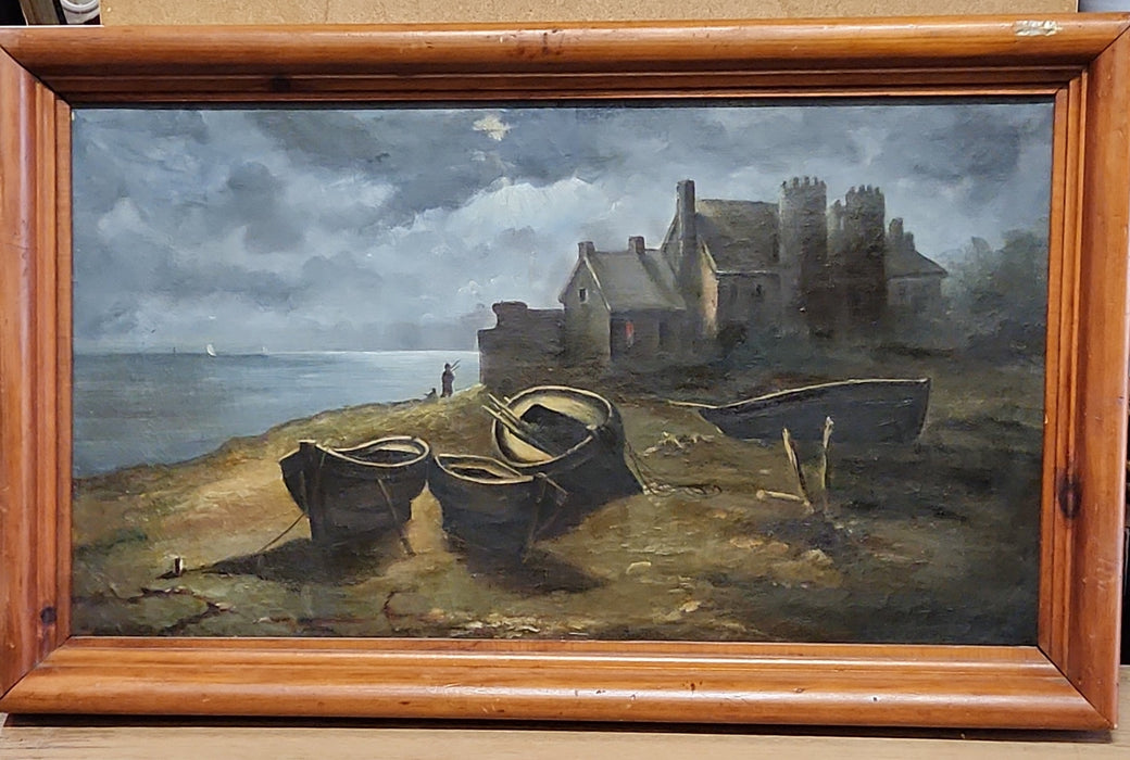FRAMED 19TH CENTURY OIL PAINTING OF A MOON LIT SHORELINE WITH A CASTLE-SIGNED