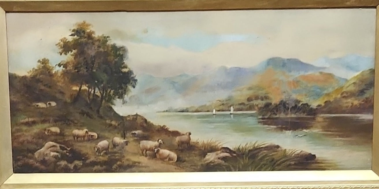 GOLD FRAMED OIL PAINTING OF A FLOCK OF SHEEP BY A LAKE-SIGNED