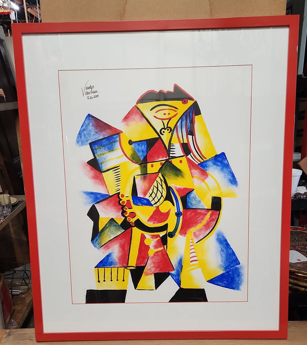 FRAMED ABSTRACT PAINTING WITH BLUE, YELLOW AND RED BY VERALYNN VILLANUEVA 2000