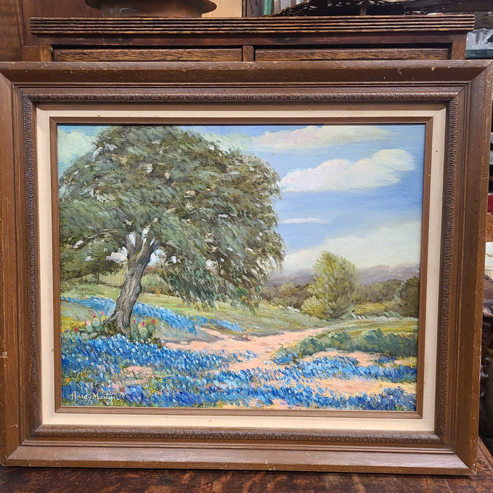 HARDY MARTIN LANDSCAPE WITH BLUEBONNETS AND CACTI UNDER TREE OIL PAINTING