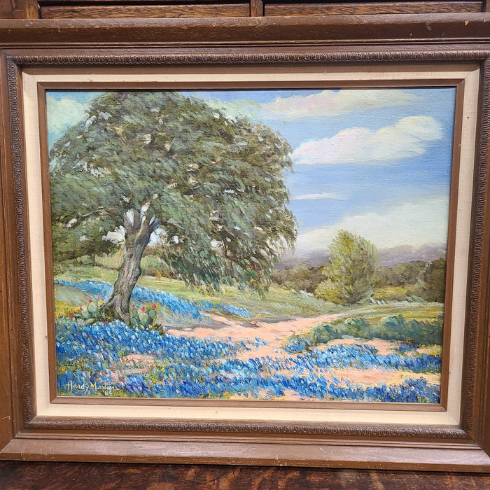 HARDY MARTIN LANDSCAPE WITH BLUEBONNETS AND CACTI UNDER TREE OIL PAINTING