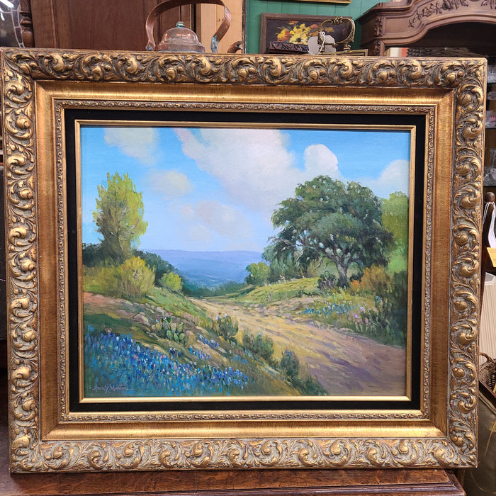 HARDY MARTIN LANDSCAPE WITH BLUEBONNETS AND CACTI NEAR A ROAD OIL PAINTING