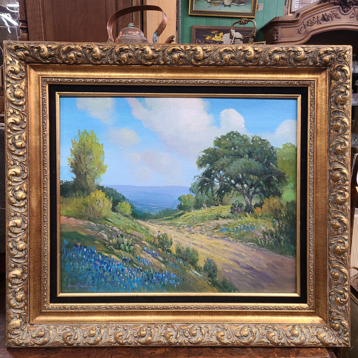 HARDY MARTIN LANDSCAPE WITH BLUEBONNETS AND CACTI NEAR A ROAD OIL PAINTING