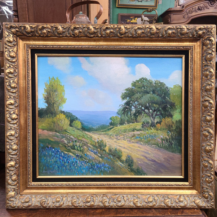 HARDY MARTIN LANDSCAPE WITH BLUEBONNETS AND CACTI NEAR A ROAD OIL PAINTING