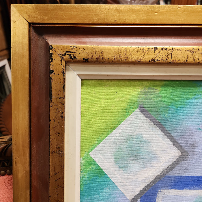 MODERN ABSTRACT PAINTING IN GOLD AND TERRA COTTA WOOD FRAME