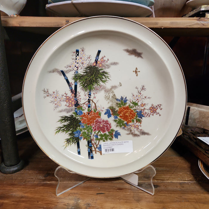 LARGE JAPANESE PLATE WITH BAMBOO AND FLOWERS