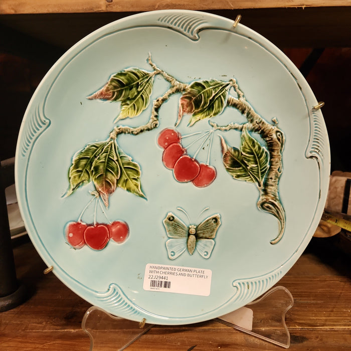 HAND PAINTED  MAJOLICA PLATE WITH CHERRIES AND BUTTERFLY