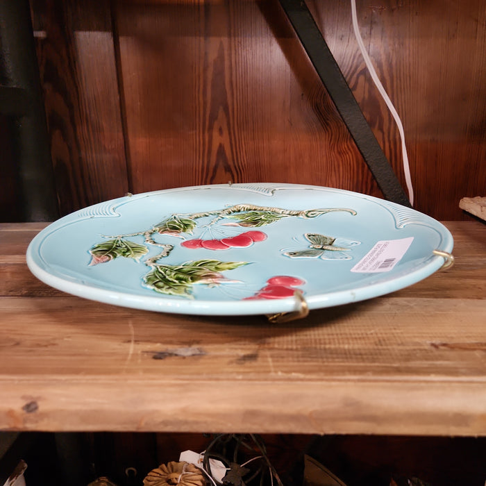 HAND PAINTED  MAJOLICA PLATE WITH CHERRIES AND BUTTERFLY