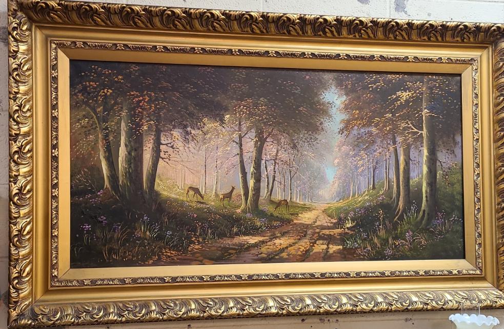 LARGE SIGNED SYLVAN OIL PAINTING WITH COUNTRY ROAD AND DEER