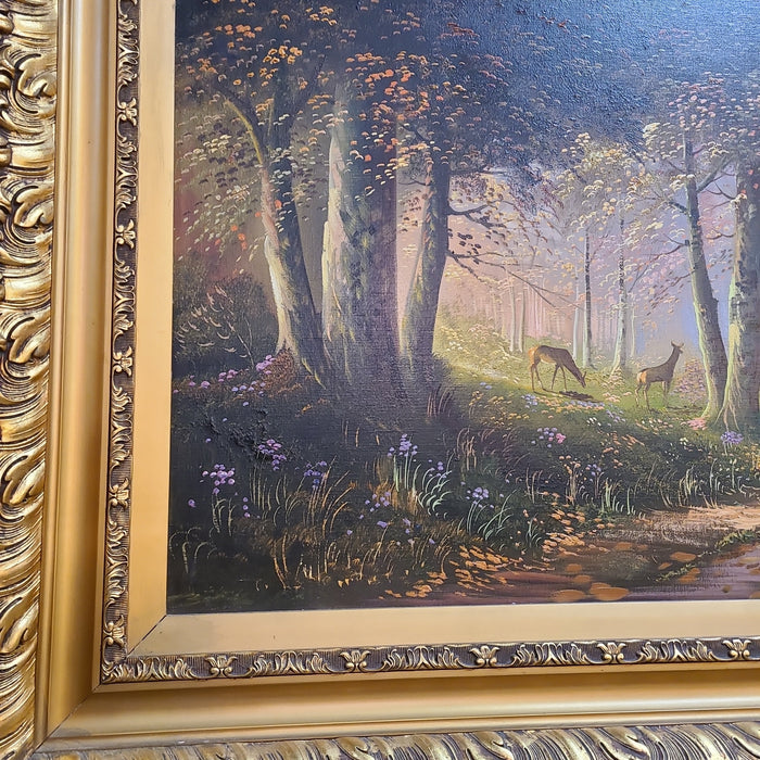 LARGE SIGNED SYLVAN OIL PAINTING WITH COUNTRY ROAD AND DEER