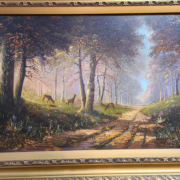 LARGE SIGNED SYLVAN OIL PAINTING WITH COUNTRY ROAD AND DEER