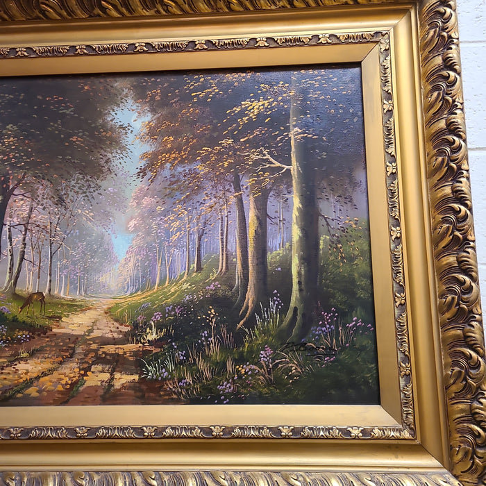 LARGE SIGNED SYLVAN OIL PAINTING WITH COUNTRY ROAD AND DEER