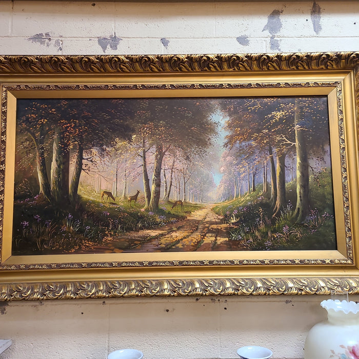 LARGE SIGNED SYLVAN OIL PAINTING WITH COUNTRY ROAD AND DEER