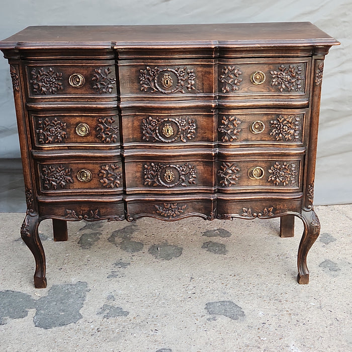 3 DRAWER OAK MEDIUM SIZE COUNTRY FRENCH CHEST WITH FLORAL AND WREATH CARVING