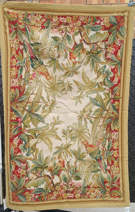 VERTICAL CHINESE NEEDLEPOINT TAPESTRY WITH SCARLET MACAWS