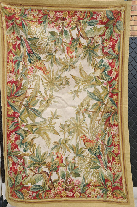 VERTICAL CHINESE NEEDLEPOINT TAPESTRY WITH SCARLET MACAWS