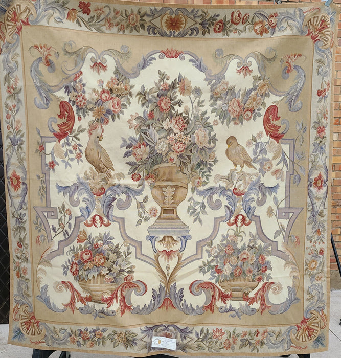 SQUARE TAPESTRY COCKATOO AND MAGPIE WITH GOLDEN URN