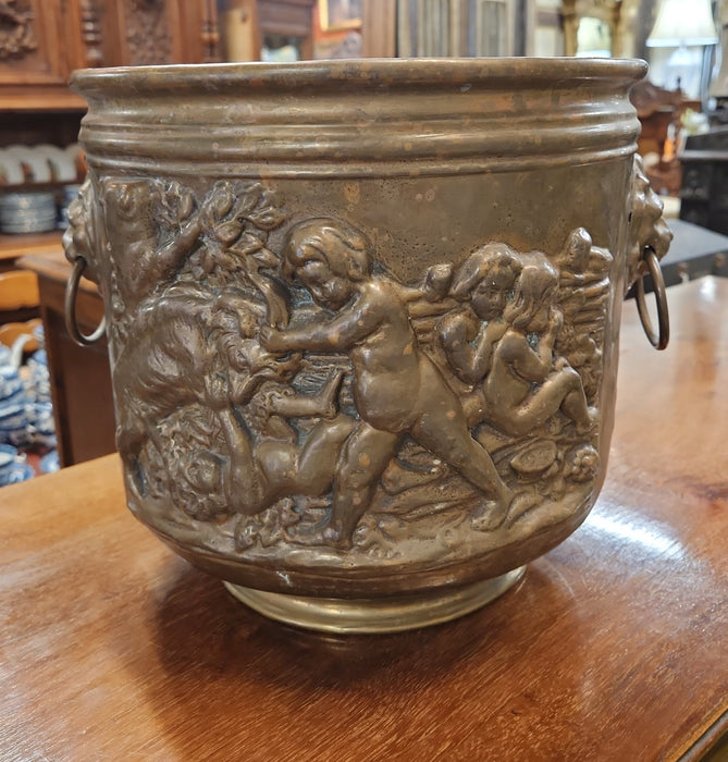 LIONS AND CHERUBIM BRASS CASHPO JARDINIERE