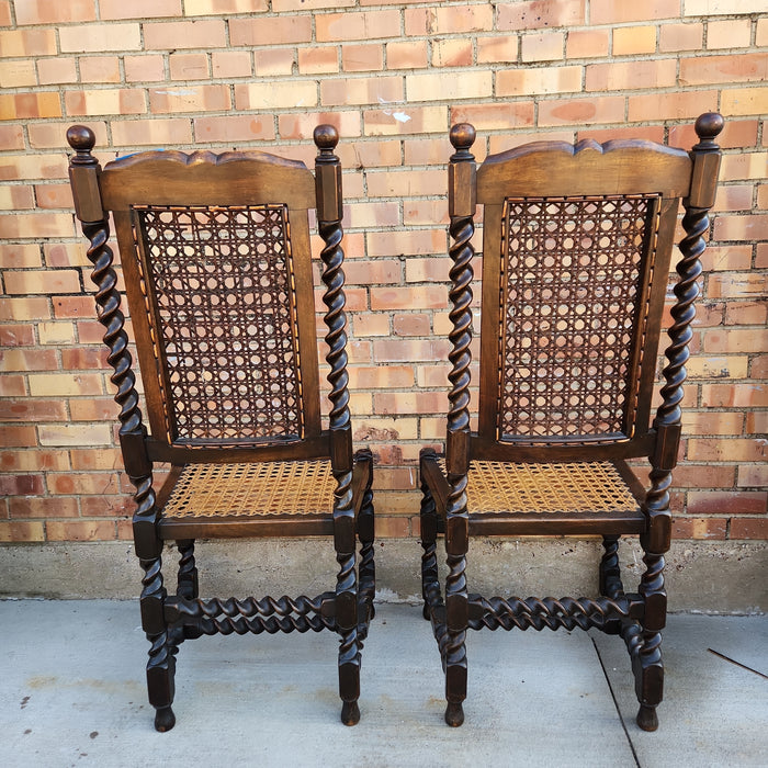 PAIR OF HAND CANED BARLEY TWIST HIGH BACK CHAIRS AS FOUND LEG AND CANING